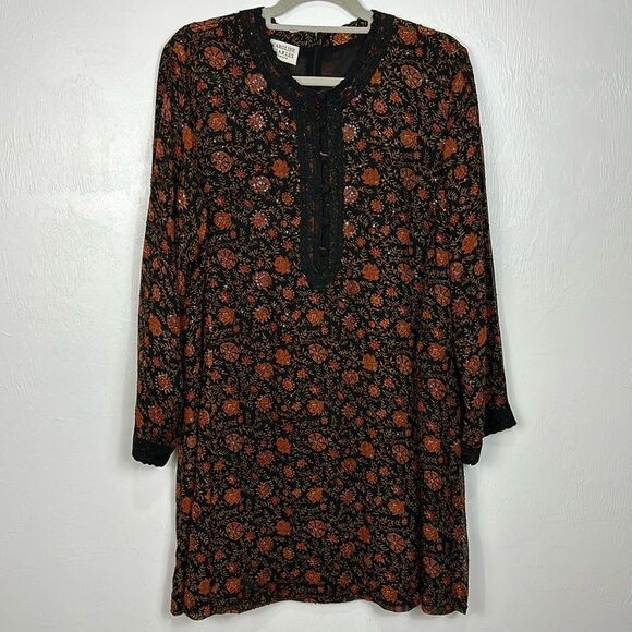Caroline Charles Boho Vintage Silk Floral Print Beaded Dress Size 16-20 - Picture 1 of 9